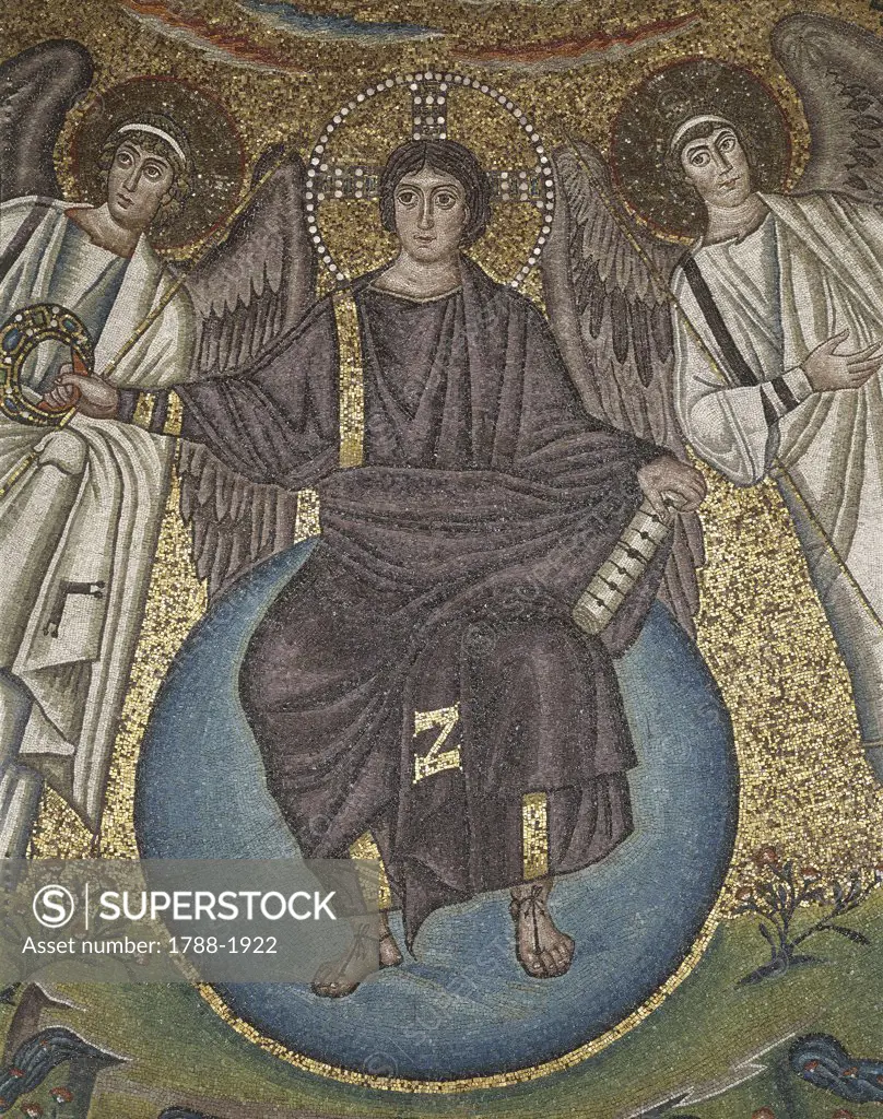 Italy - Emilia-Romagna Region - Ravenna. Basilica of St. Vitale (UNESCO World Heritage List, 1996), presbytery. Jesus Christ the Redeemer with two angels (538-545 A.D.), apse. Mosaic detail