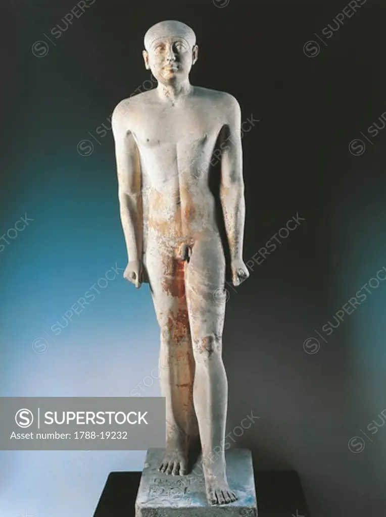 Statue of naked man, painted limestone, from Saqqara