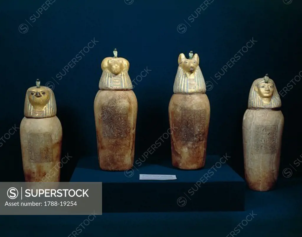 Treasure of Tanis, four canopic jars of Psusennes I made of painted alabaster