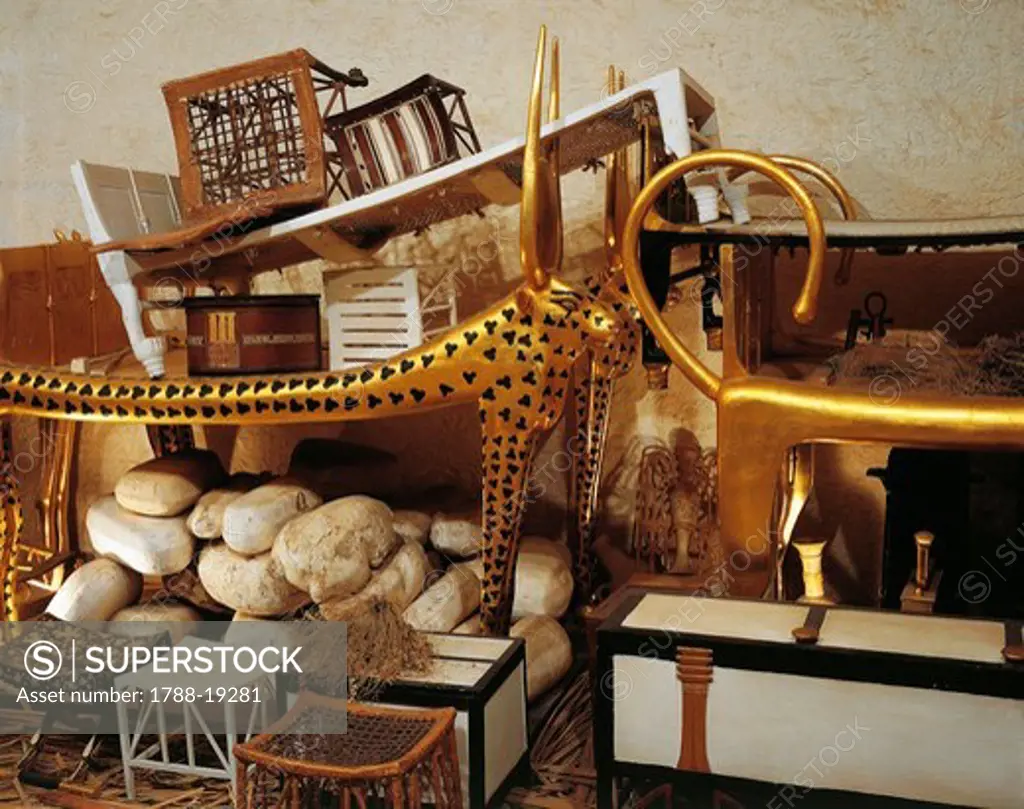 Replica of antechamber of tomb with parts of beds and furniture for eternity, from King Tutankhamen's tomb