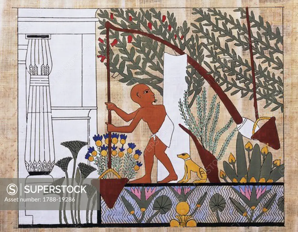 Reconstruction of fresco depicting peasant drawing water with shadow for irrigation, from Tomb of Ipi