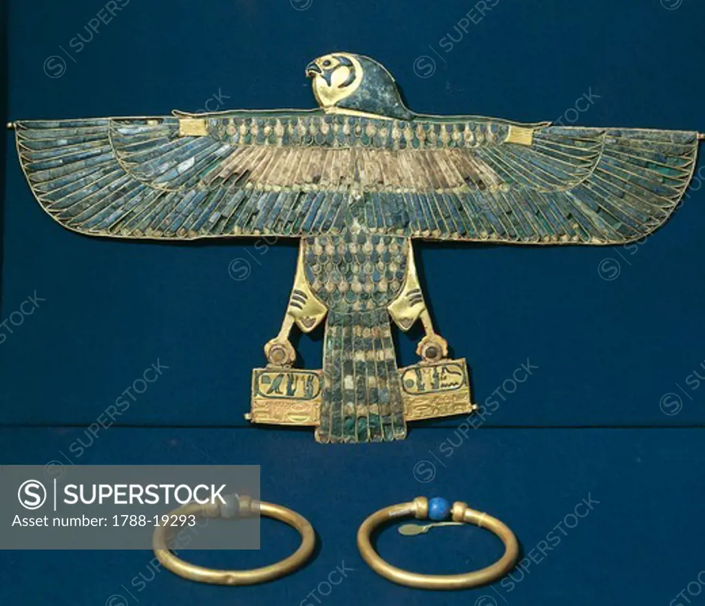 Treasure of Tanis, Hawk-shaped gold breastplate and bracelets, part of funerary objects of King Amenemope