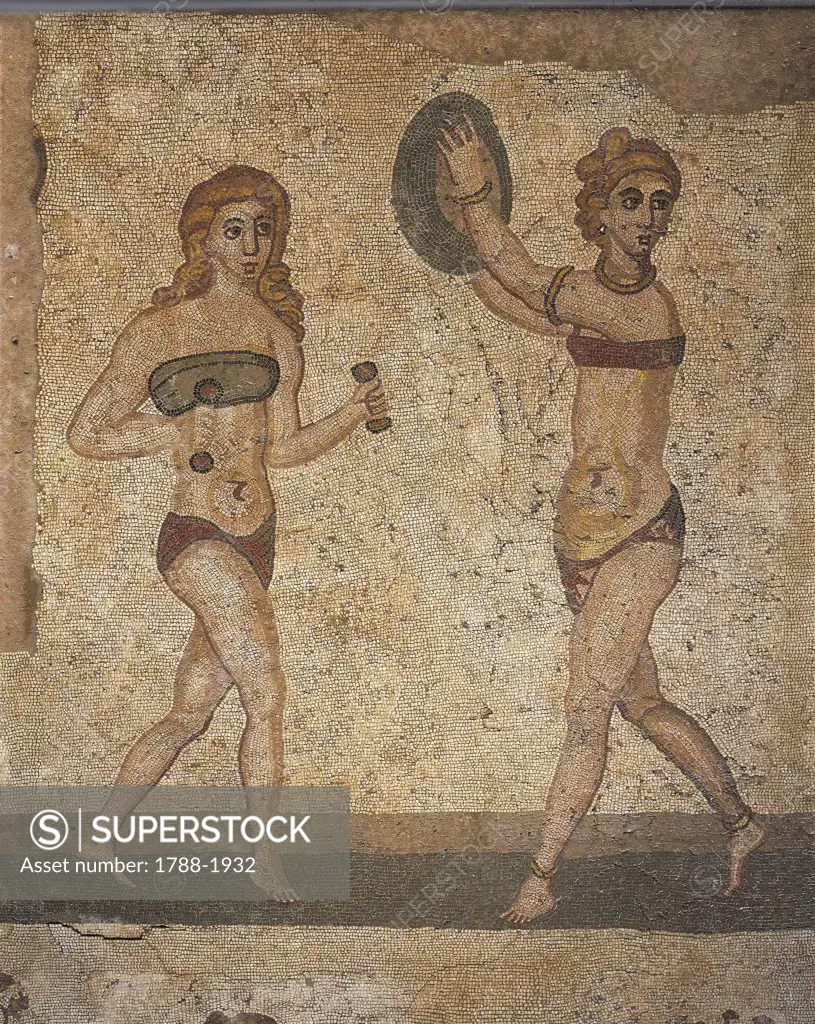 Italy - Sicily Region - Piazza Armerina. Villa Romana del Casale (UNESCO World Heritage List, 1997), mosaic of ten women exercising in a gymnasium (known as the 'Bikini Girls mosaic', 4th century A.D.). Detail