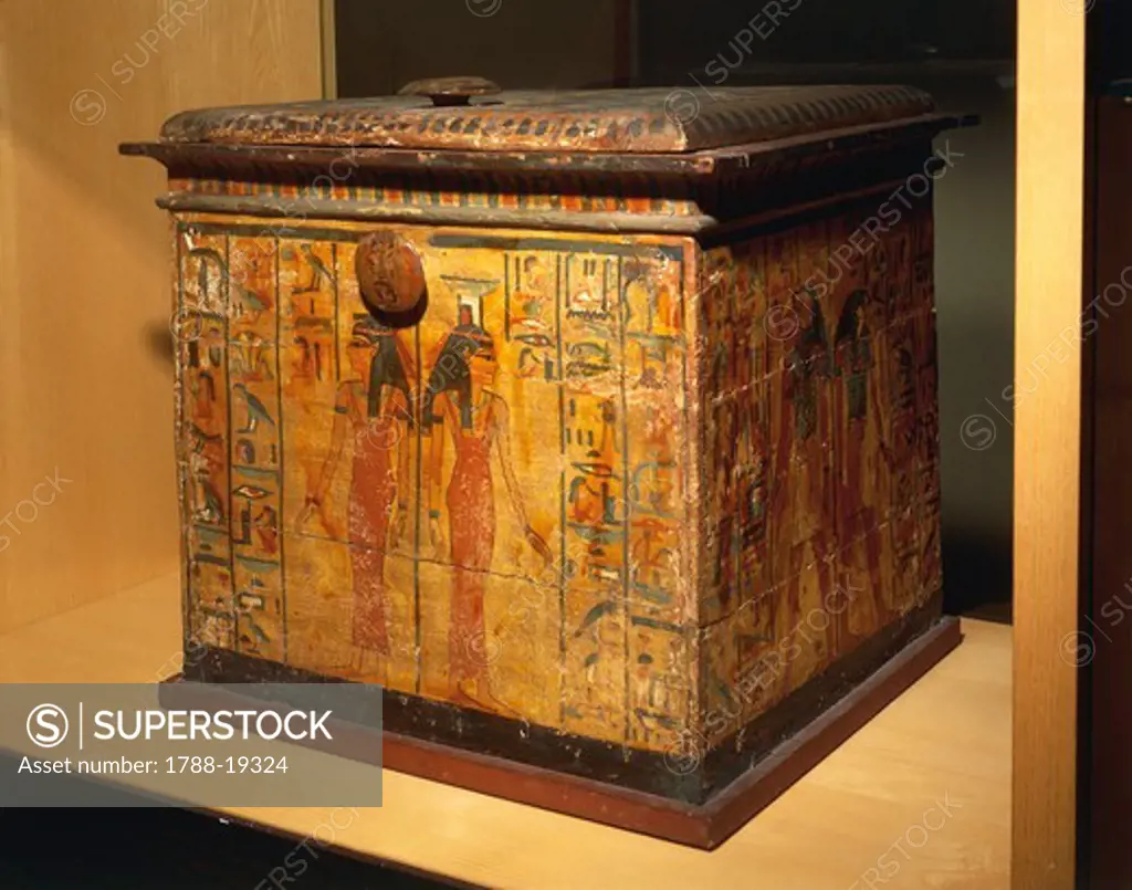 Plastered and painted wood casket, for canopic jars of deceased Takham
