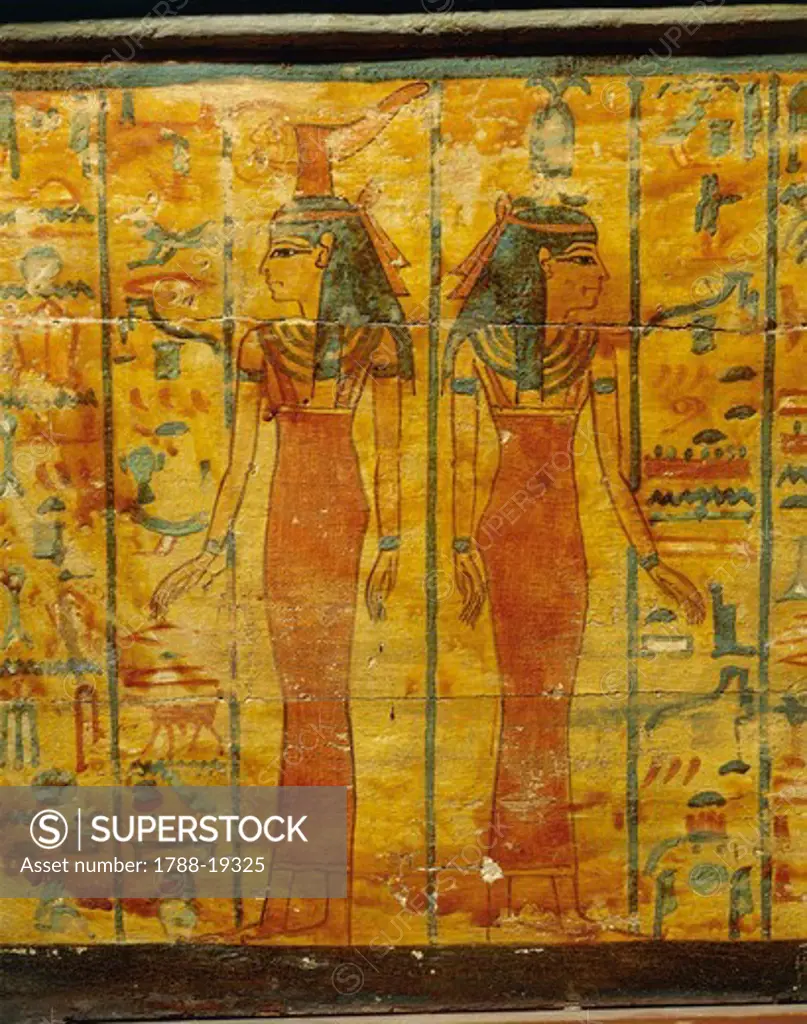 Plastered and painted wood casket with decorations of protecting deities, for canopic jars of deceased Takham