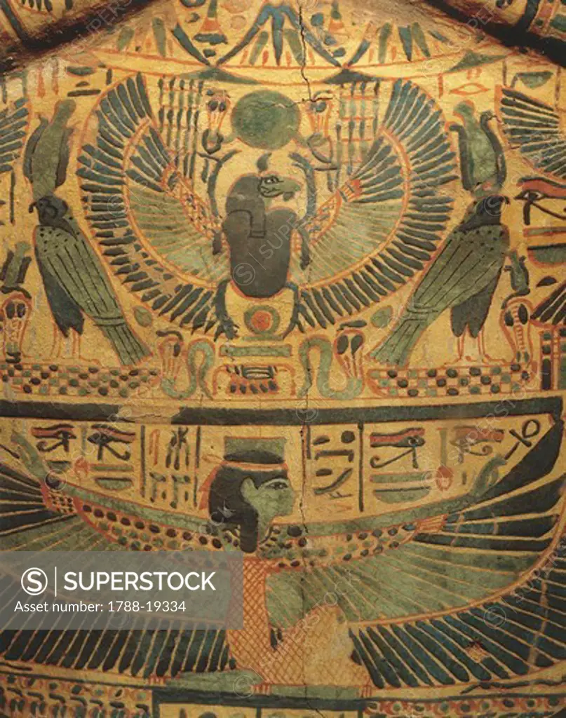 Mummy cover with winged divinity protecting scarab, symbol of eternity