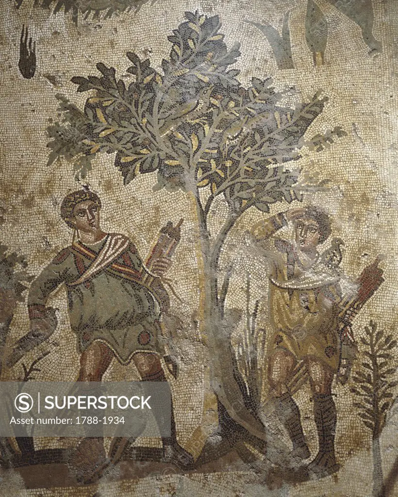 Italy - Sicily Region - Piazza Armerina (Enna province) - Villa Romana del Casale (UNESCO World Heritage List, 1997), mosaic of the Small Hunt, the Fowling (4th century A.D.). Detail