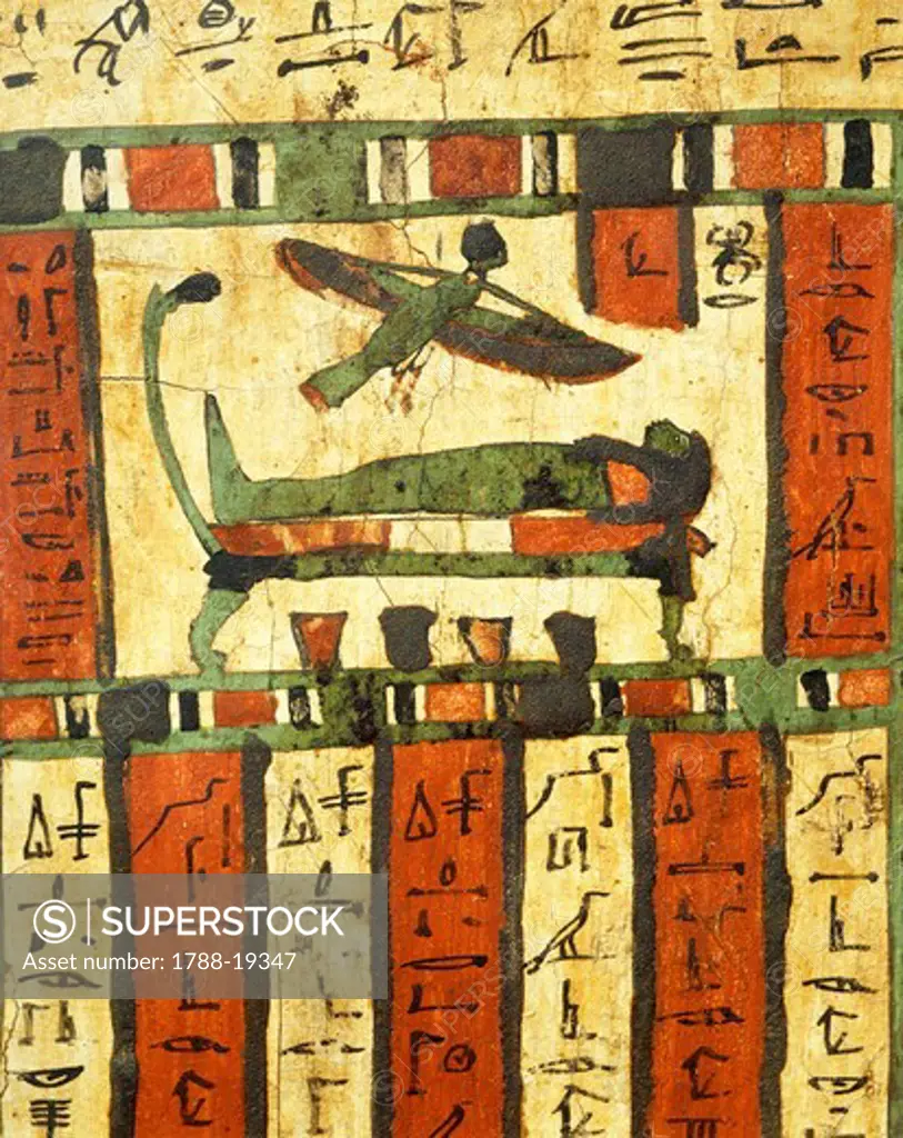 Plastered and painted wood depicting deceased on deathbed while soul, Ba, flies towards afterlife, from Sarcophagus of Tashakheper, Thebes