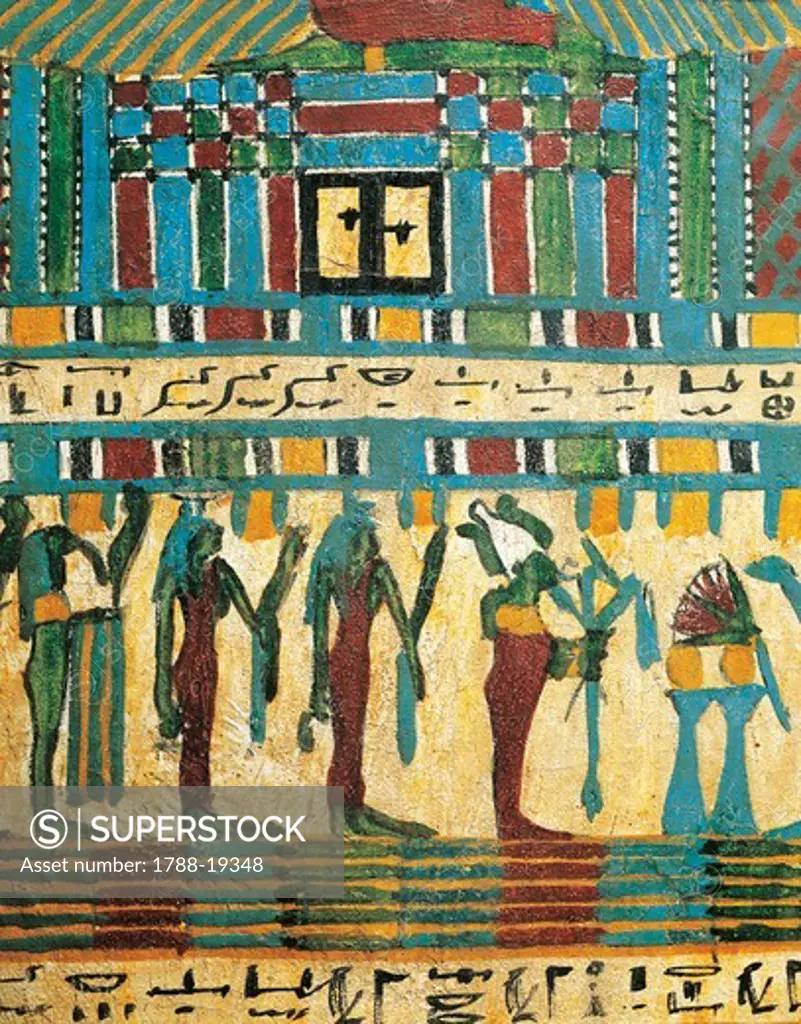 Plastered and painted wood panel detail with judgment chamber and god Osiris followed by divinities, from Sarcophagus of Usai, Thebes