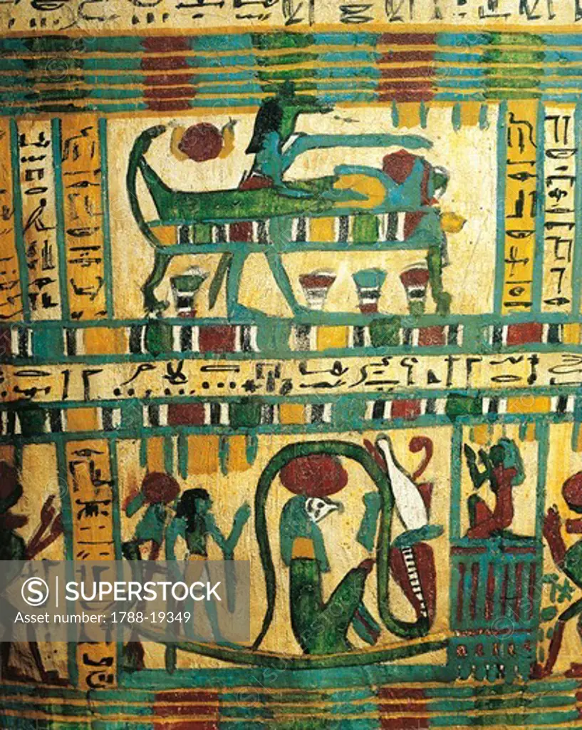 Plastered and painted wood depicting god Anubi protecting mummy of deceased and solar boat with god Ra, from Sarcophagus of Usai, Thebes