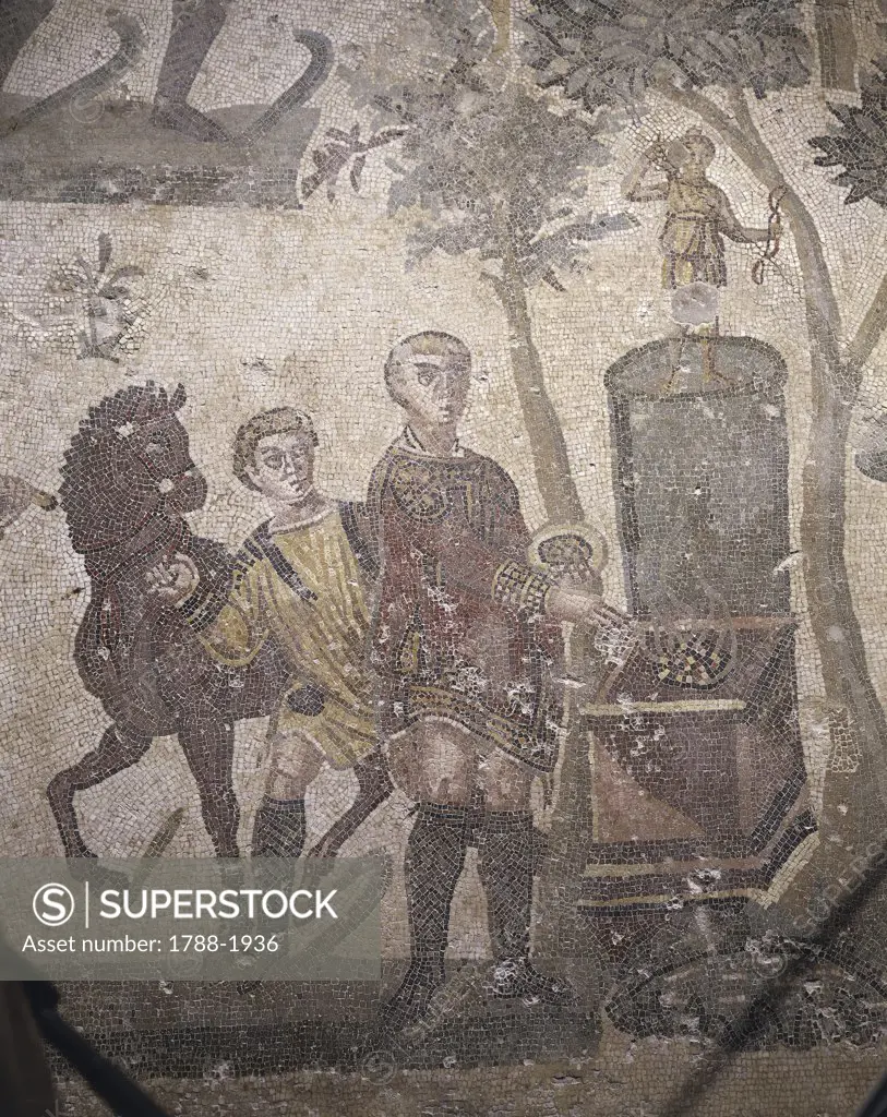 Italy - Sicily Region - Piazza Armerina (Enna province) -  Villa Romana del Casale (UNESCO World Heritage List, 1997), mosaic of the Small Hunt, offerings of the hunt leader to the altar of Artemis Agrotera (4th century A.D.), detail