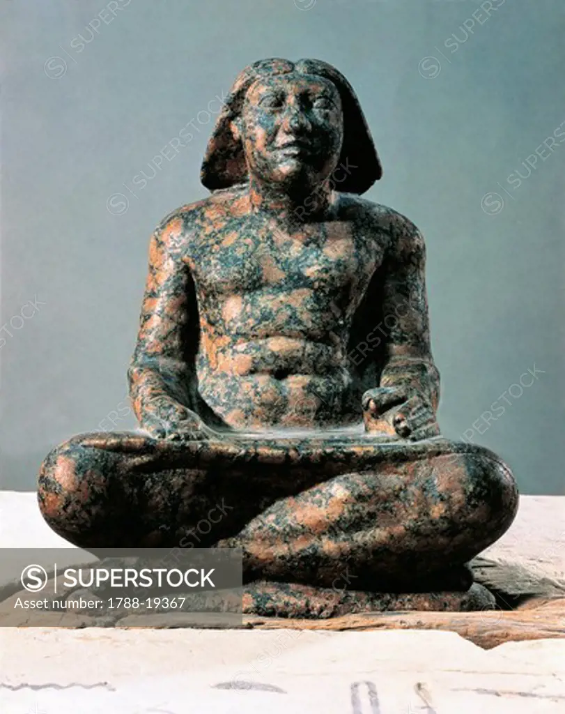 Granite statue of Setka, son of Didufri, as seated scribe, from Abu-Raash