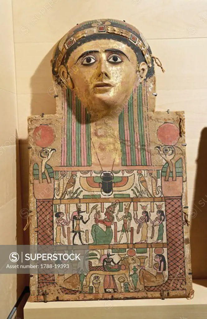Plastered, painted and gilded linen cartonnage of mummy of Pebos, from Dayr al-Madinah