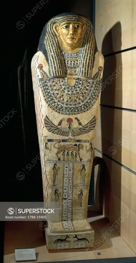 Painted wood and gold Shenptah sarcophagus coffin, from Tuna el-Gebel
