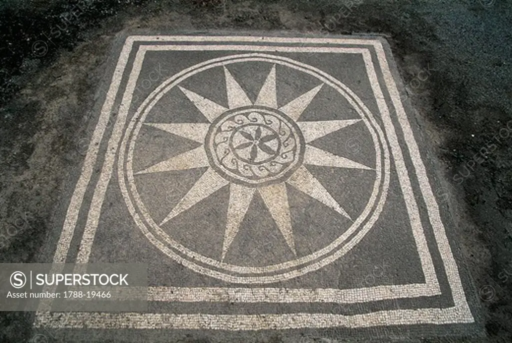 Spain, Catalonia, La Escala, Roman Ampurias, windrose floor mosaic