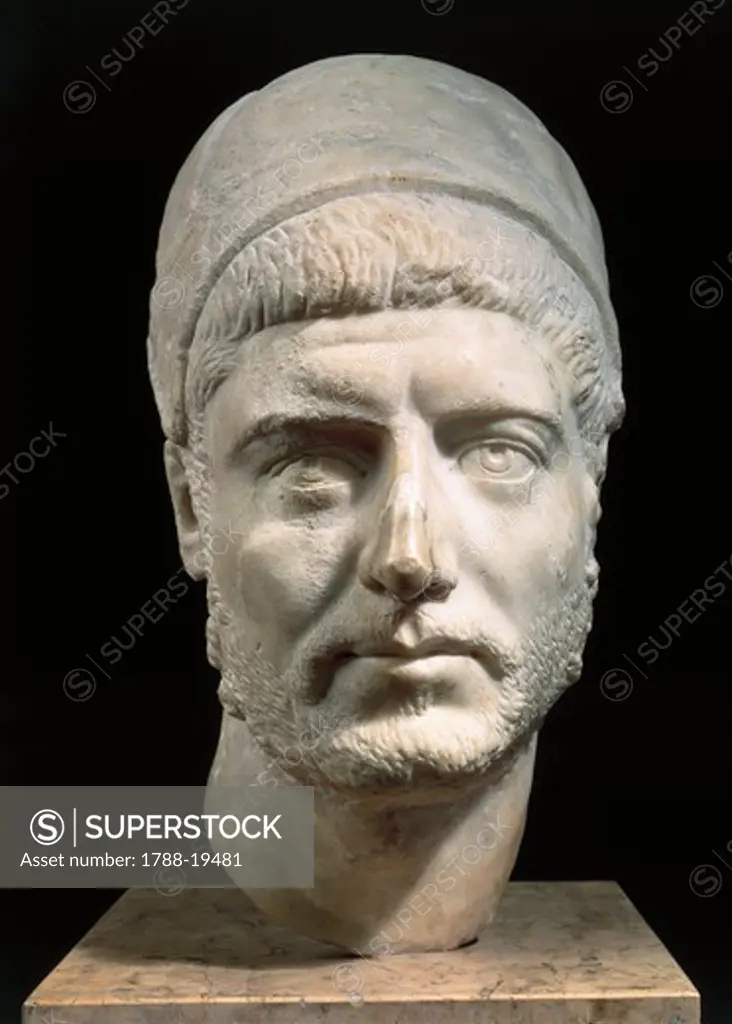 Marble head of winning charioteer, known as Barbarian Prince, with leather helmet