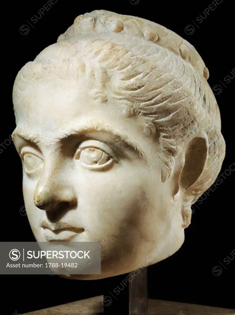 Marble head of young woman identified as wife of Roman emperor Constantine I, empress Fausta