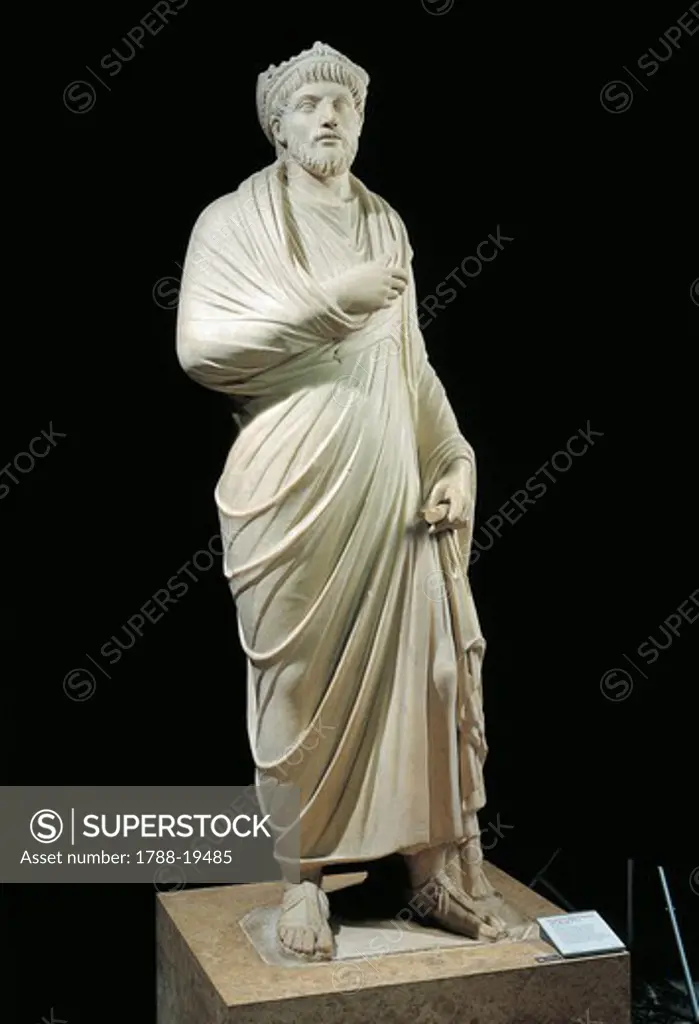 Marble statue of emperor Julian the Apostate, wearing Greek philosopher toga and pagan priest crown