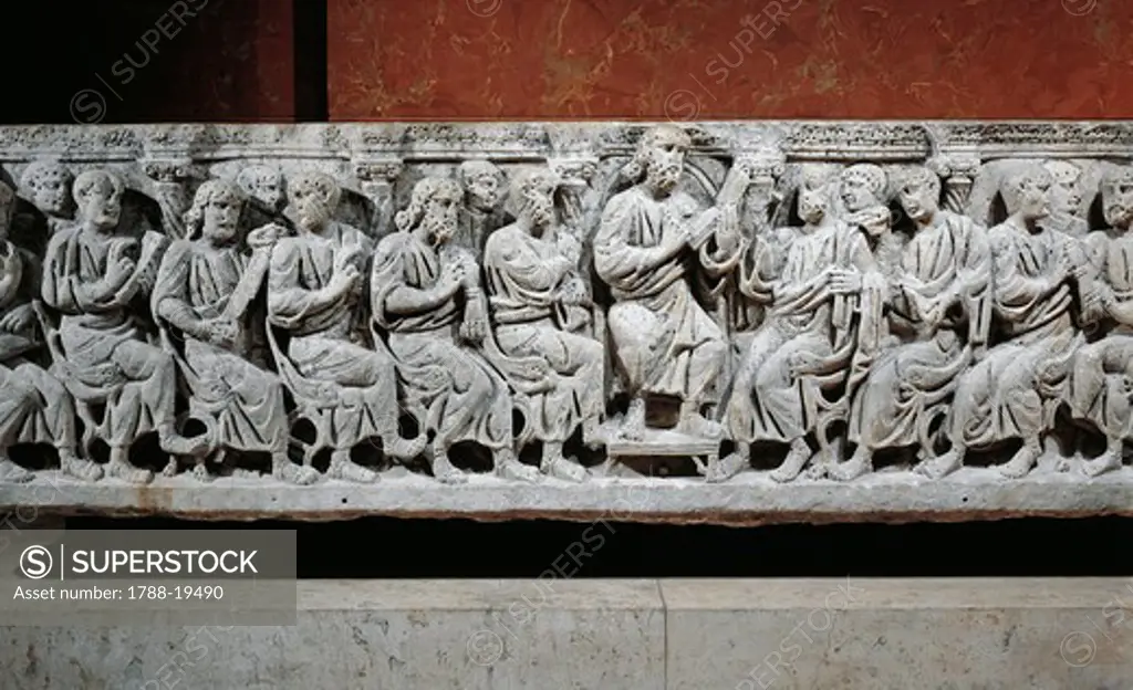 Marble sarcophagus, relief depicting Jesus Christ teaching Apostles, from Rignieux-le-Franc