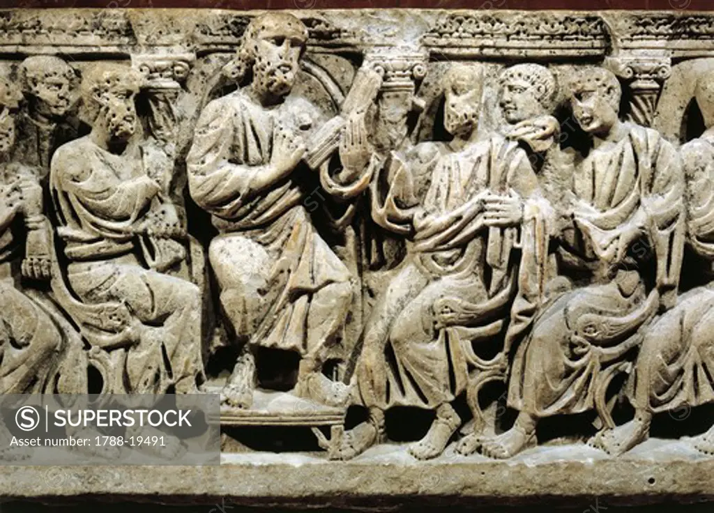 Marble sarcophagus, relief depicting Jesus Christ teaching Apostles, from Rignieux-le-Franc