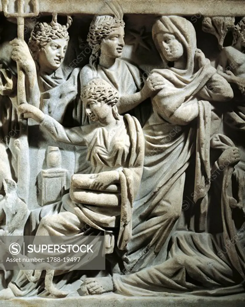 Marble sarcophagus, Relief depicting Prometheus myth, Detail, group of Roman women, From Arles