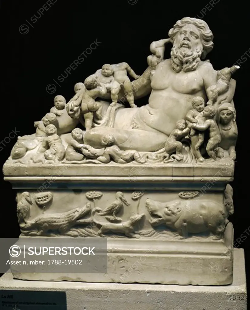 Marble statue representing Tiber River, Copy on smaller scale of statue (Rome, Vatican Museums) which was in its turn copy of Hellenistic (Alexandrine) original of 4th-1st century b.C.