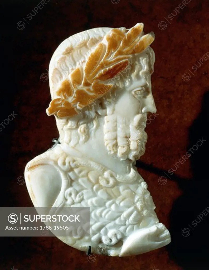 Sardonyx cameo portraying head of Jupiter with laurel and ivy crown