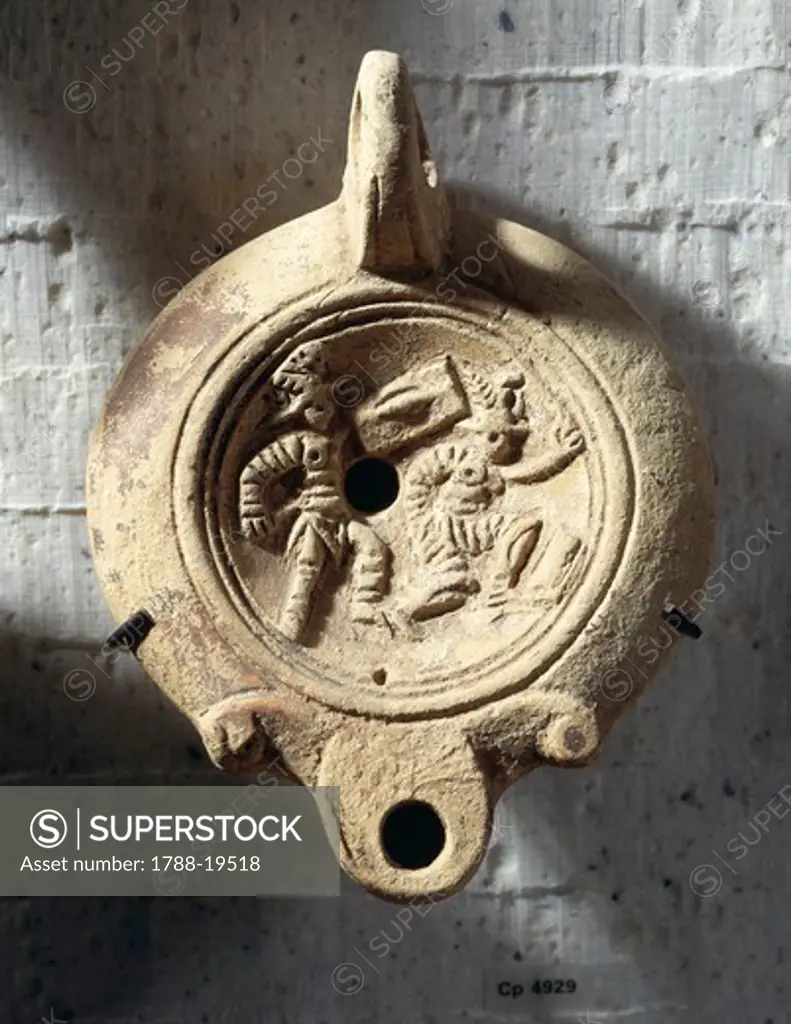 Terracotta oil lamp, relief with ending of gladiatorial combat: loser raising his left hand as request for mercy