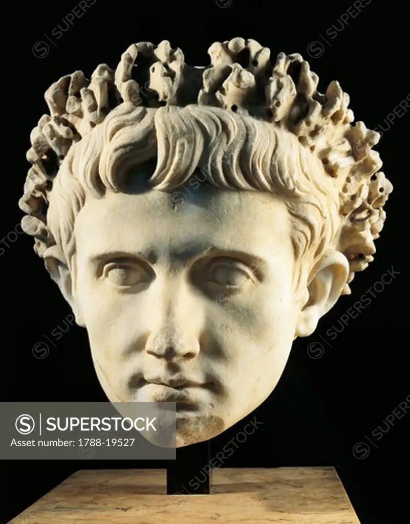 Marble head of the emperor Augustus bearing a crown, From Cerveteri