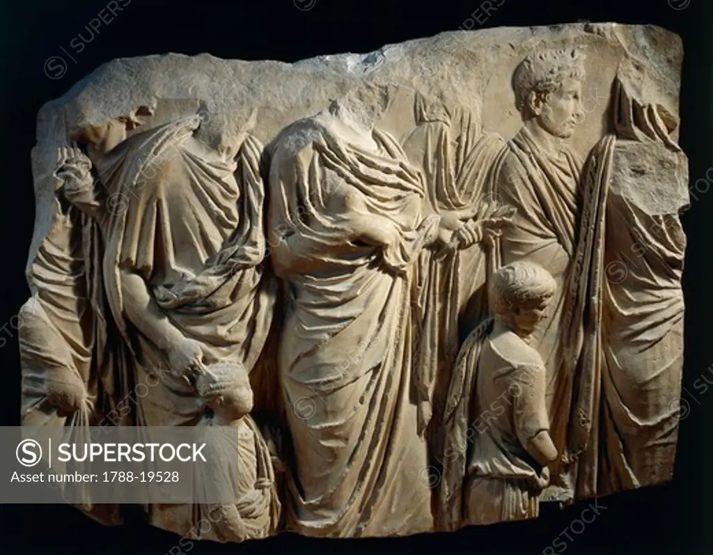 Fragment of Ara Pacis Augustae, altar built between 13 and 9 b.C. to celebrate peace established by Roman emperor Augustus, Relief with family group