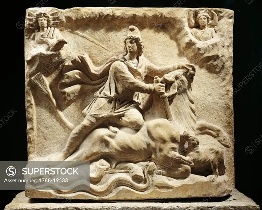 Two-sided relief of Mithra, Indo-Iranian god of friendship and guardian of cosmic order, Mithra slaying bull to fertilize universe, From Rome