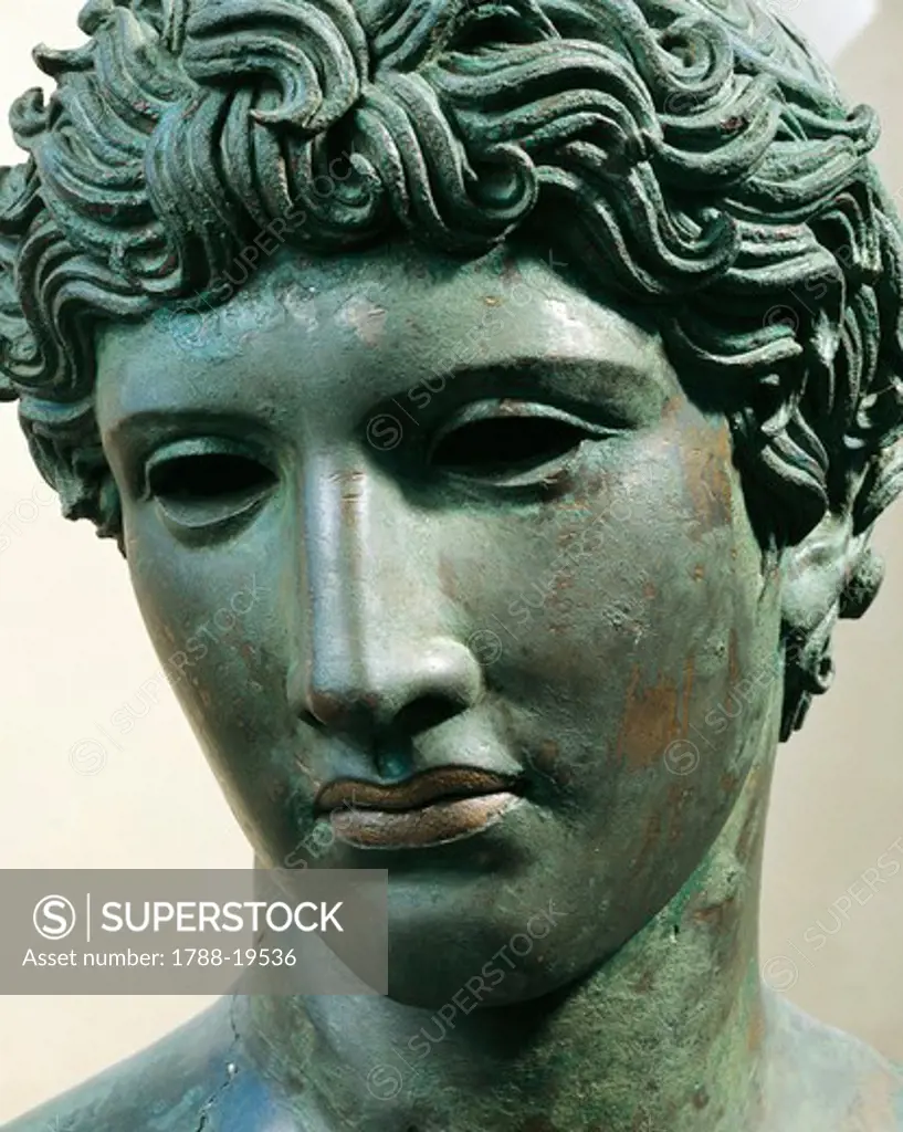 Bronze head of young man, known as ""head from Benevento"", Face detail, circa 50 b.C.