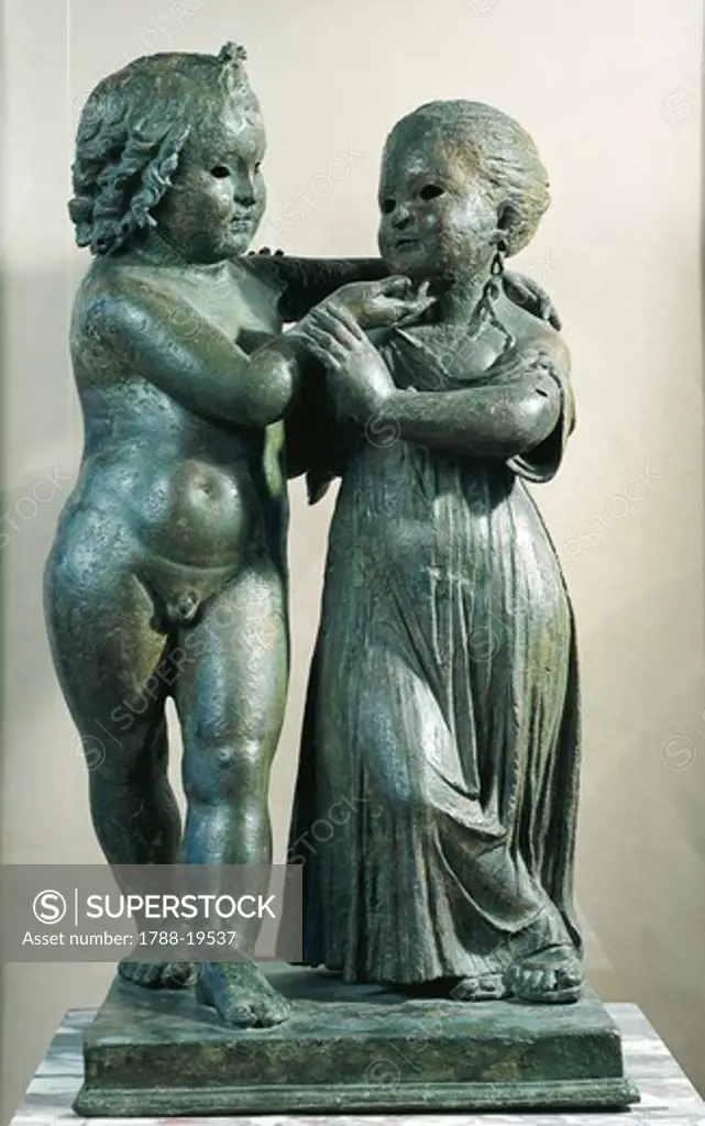 Bronze statue group with pair of children representing Cupid and Psyche