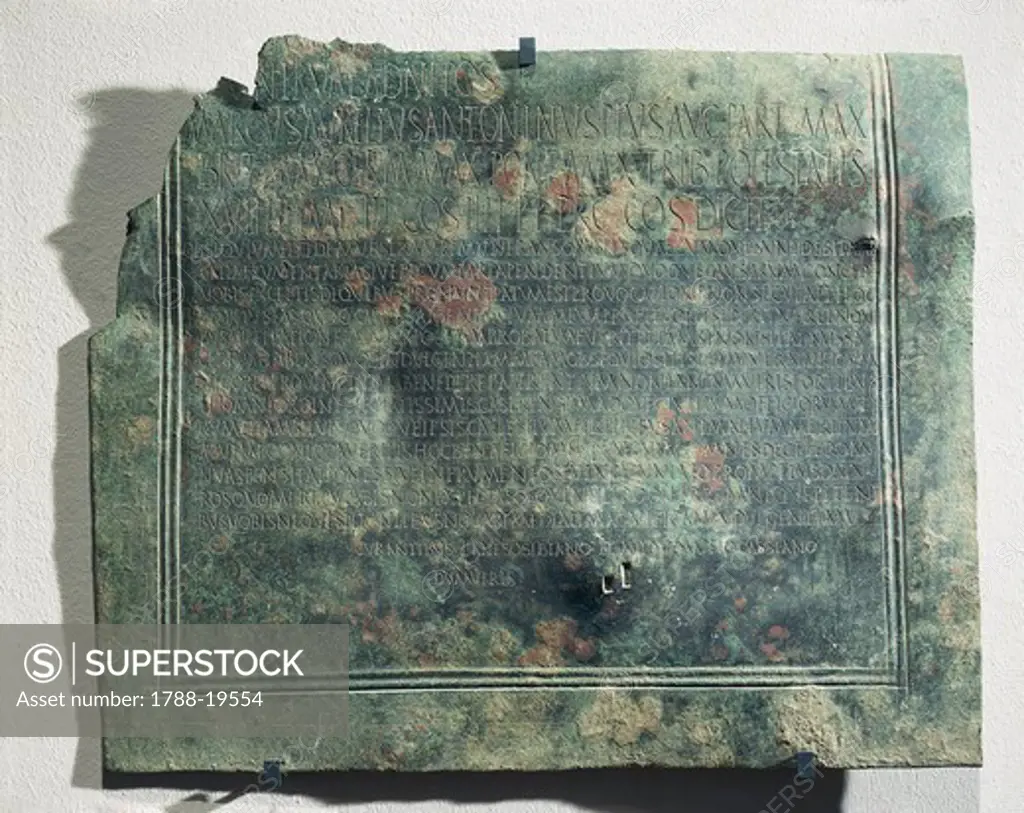 Bronze slab with Edict of Caracalla with Inscription concerning emperor's recommendation to pay taxes, 212 A.D., from Banasa (Morocco)