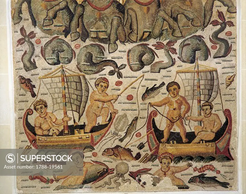 Triumph of Neptune and Amphitrite, Detail of fishing cupids on sailing boat, from Constantine, Mosaic