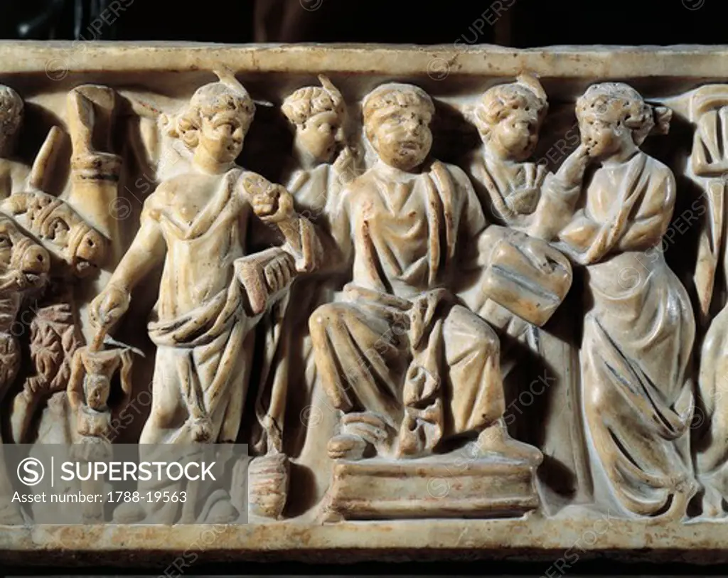 Front side of sarcophagus depicting child surrounded by Muses