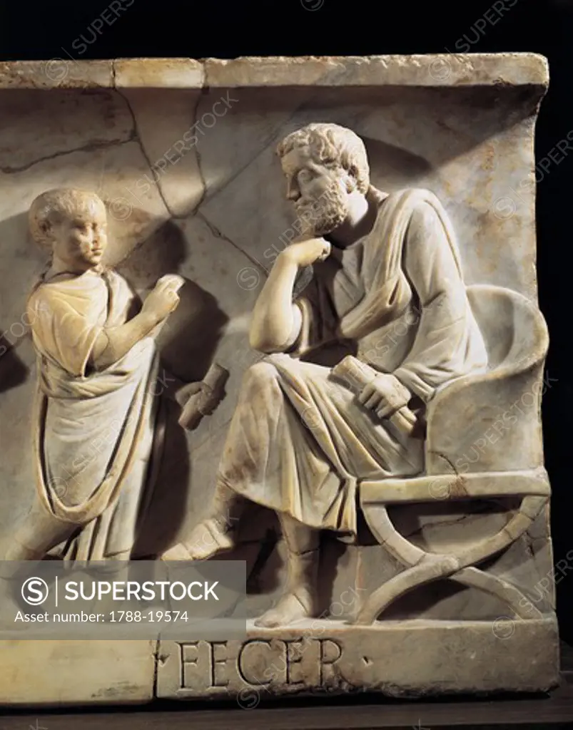 Sarcophagus of M. Cornelius Statius with scenes from his childhood, Detail of child with his father
