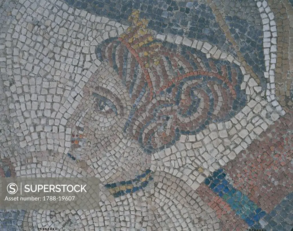 Morocco, Meknes-El Menzeh, Roman mosaic depicting Diana bathing and being glimpsed by Acteon, Detail of Diana's face in House of Cortege of Venus at Ancient city of Volubilis