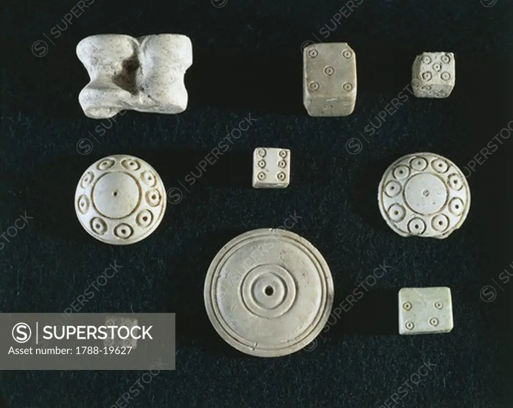 Game objects made from ivory, dice, knucklebones (astragaloi) and counters, From Volubilis (Morocco)