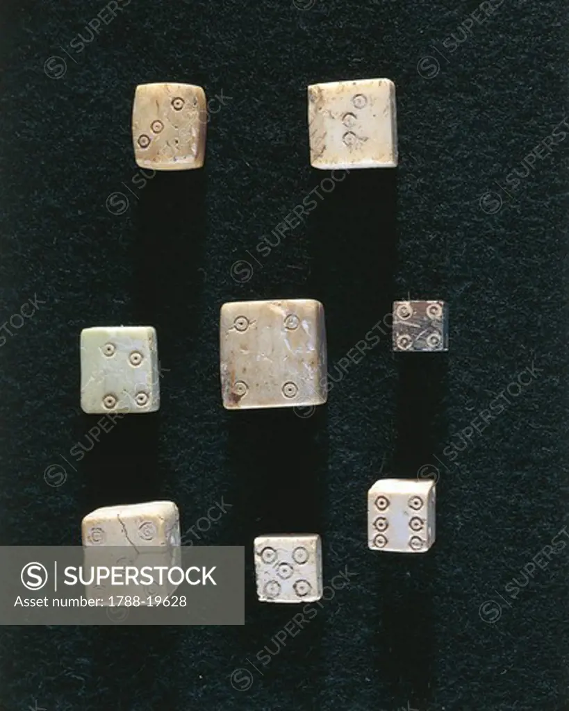 Game objects made from ivory, dice, From Volubilis (Morocco)