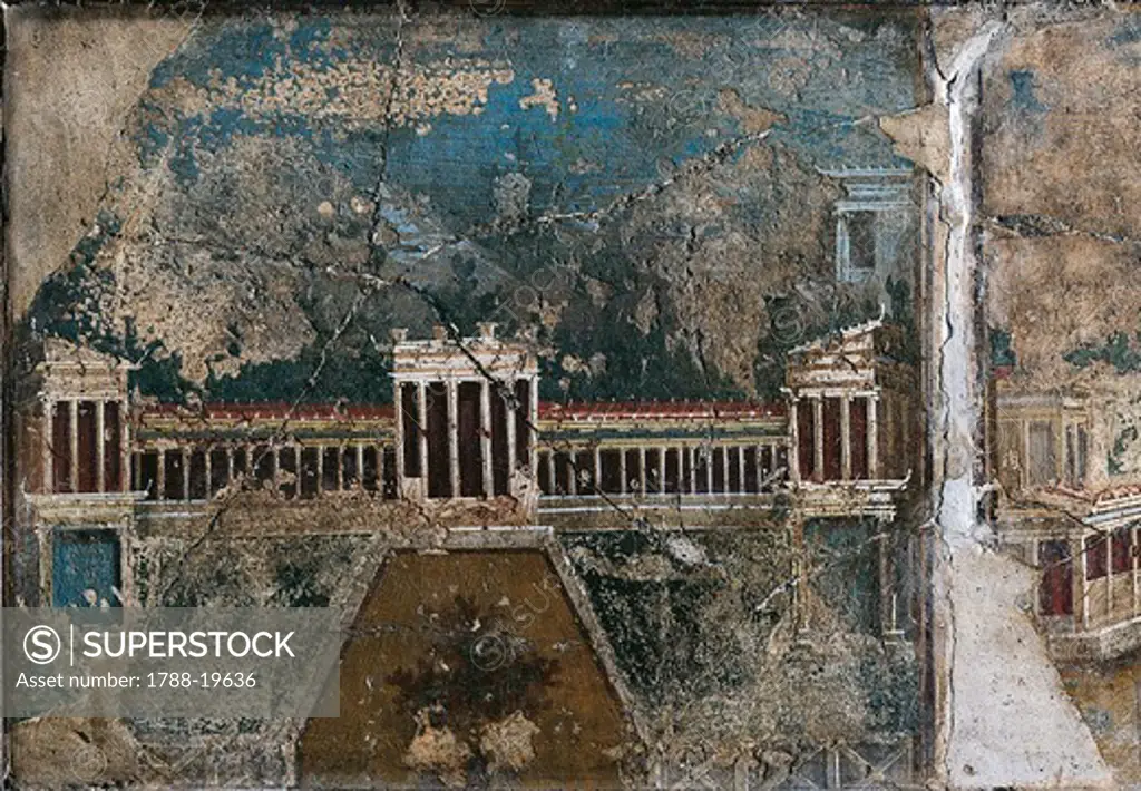 Third style fresco depicting architectural landscape, detail of building bordered by colonnaded porch, From Pompei