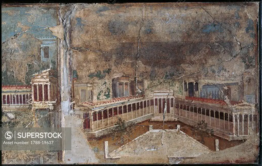 Third style fresco depicting architectural landscape, detail of colonnaded porch, From Pompeii