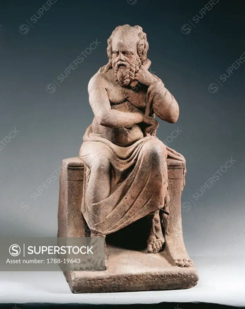 Brown terracotta statuette of philosopher Pittacus of Mytilene, from House of Julia Felix, Pompei