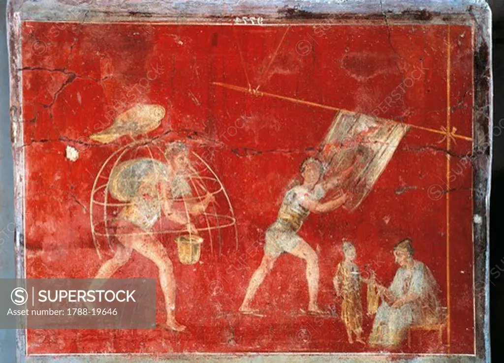 Pillar fresco depicting wool manufacturing, from Pompei, Fullonica of Veranio Ipseo