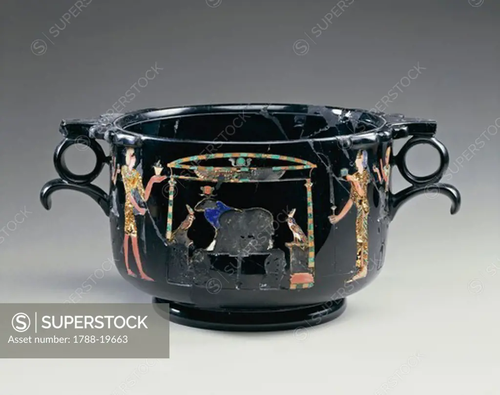 Black obsidian bowl depicting Egyptian style offering scene, from Stabile, Villa San Marco