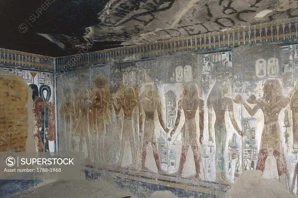 Egypt - Ancient Thebes (UNESCO World Heritage List, 1979). Valley of the Kings. Tomb of Seti I. Mural paintings