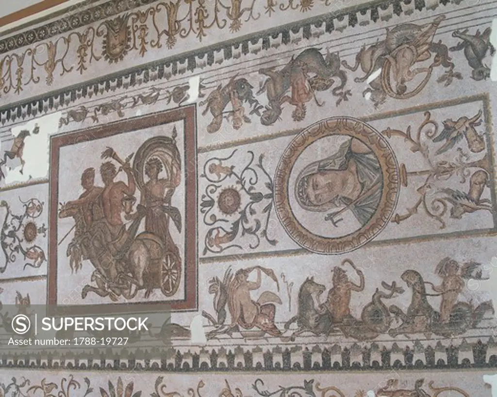 Tunisia, Acholla, Trajan Baths, Dionysus and the allegory of the Four Seasons, vault mosaic