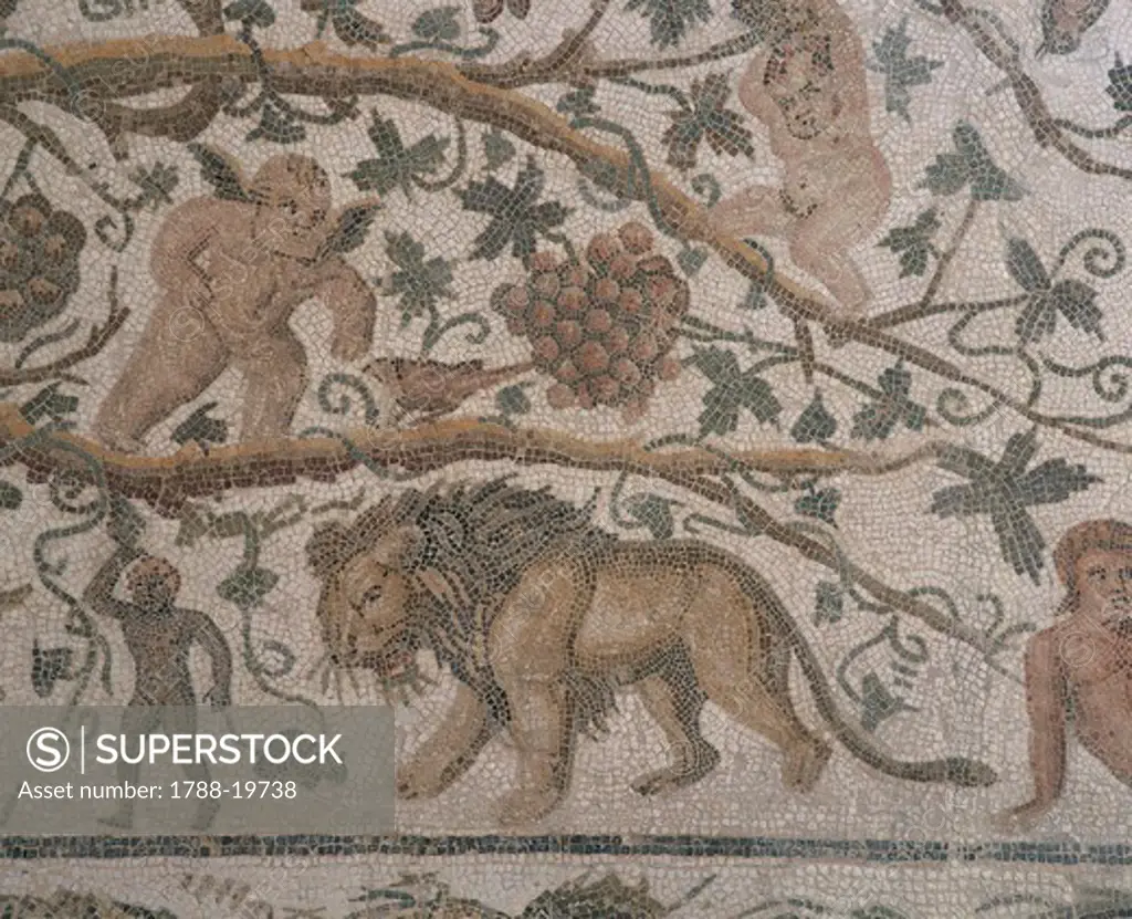 Tunisia, Thysdrus (El Djem), Mosaic of the Silenus, black man and lion