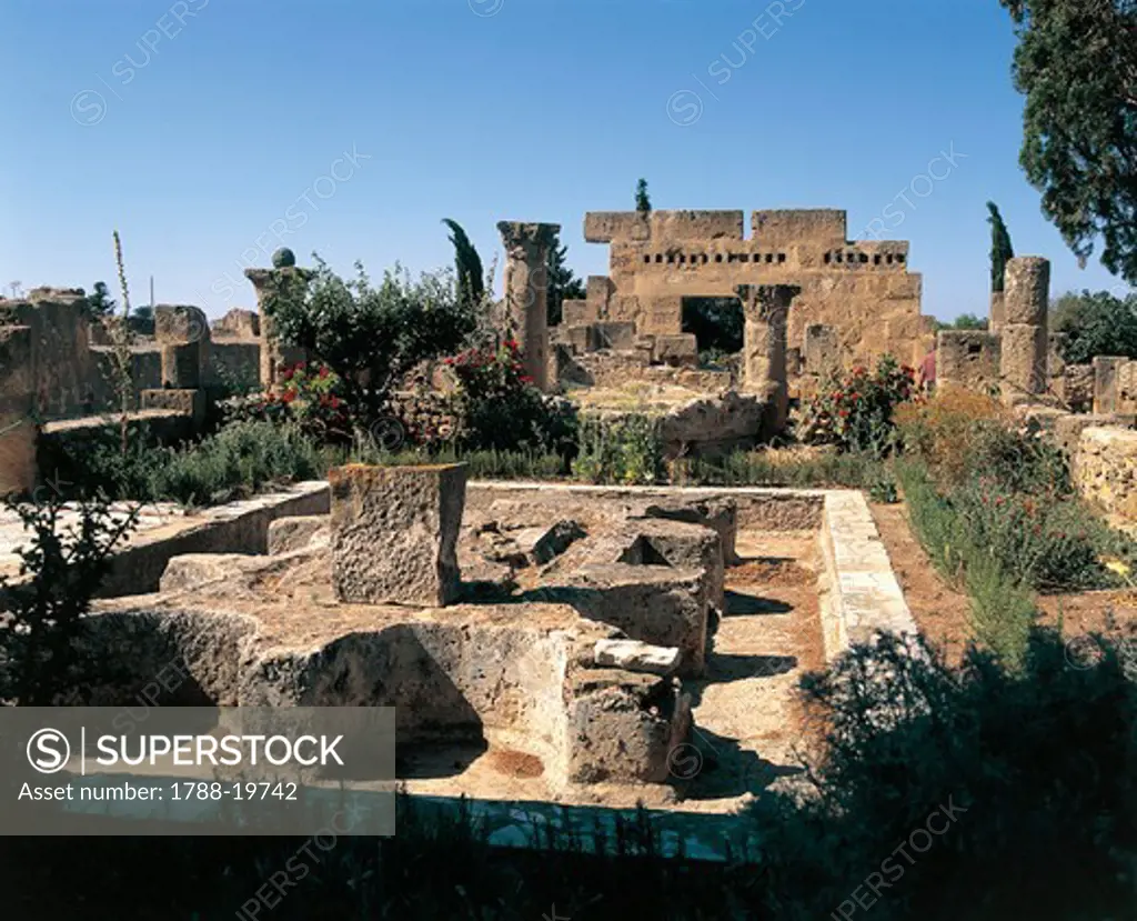 Tunisia, Utica, ruins of House of Cascades, with peristyle garden at archaeological site