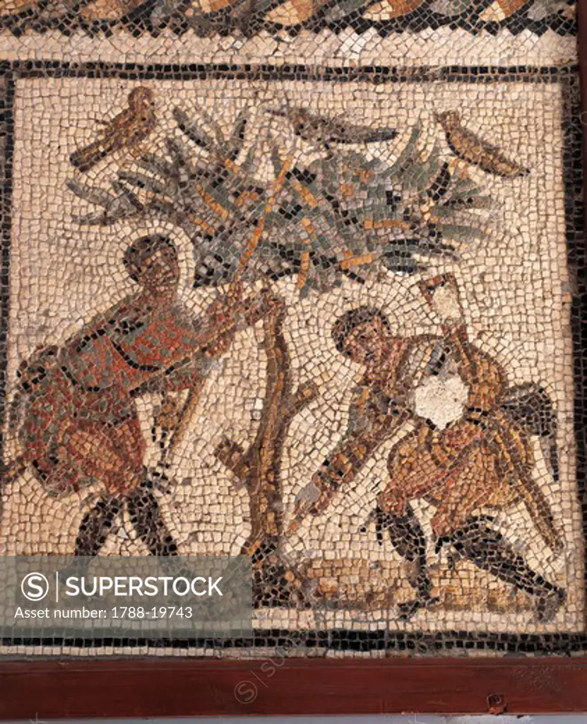 Tunisia, Utica, House of the Hunt, Mosaic depicting bird hunters